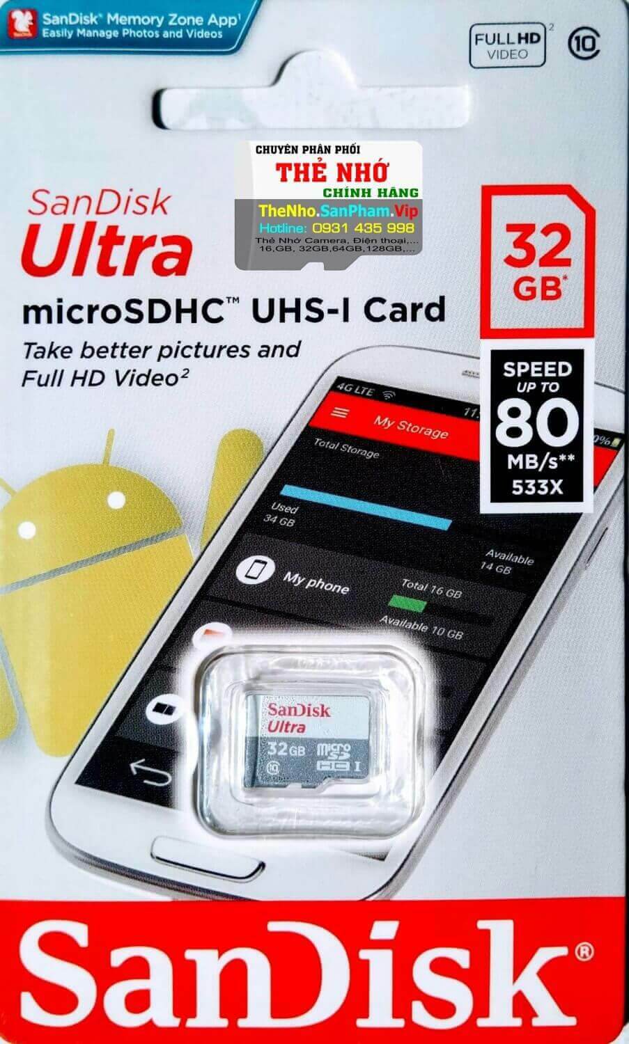 Thẻ nhớ MicroSDHC SanDisk Ultra 32GB 80MB/s